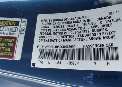 2012 Honda Civic Lx from USA, damaged, VIN 2HGFG3B50CH516909